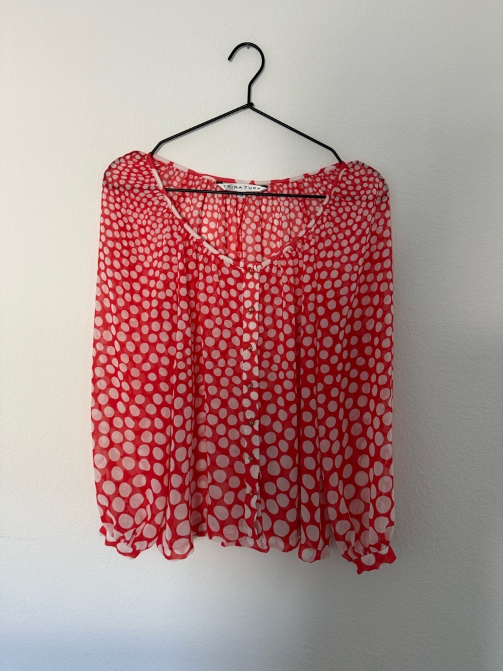 Trina Turk Red and White Polka Dot Sheer Blouse